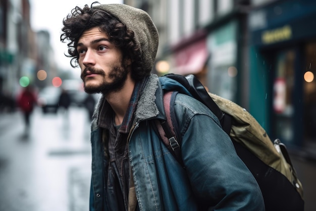 Shot of a young homeless man with bags walking in the city created with generative ai