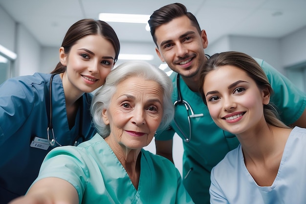 Shot of a young hospital nurse taking a selfie with an elderly patient and her family created with generative ai