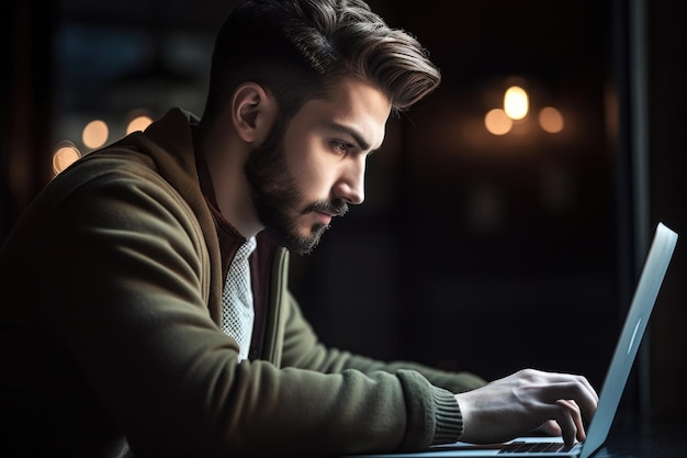 Shot of a young man browsing through profiles on his laptop created with generative ai