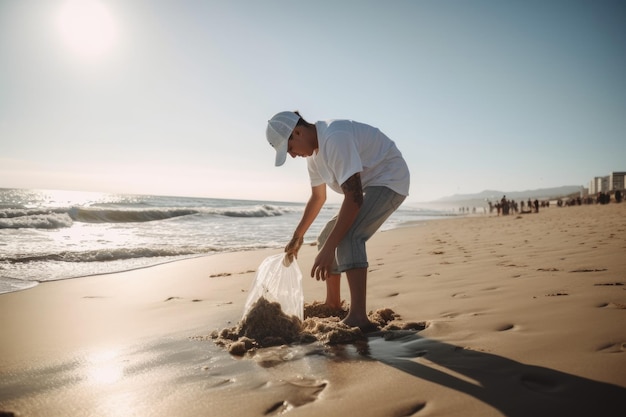 Shot of a young man cleaning up trash on the beach created with generative ai