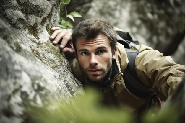 Shot of a young man climbing up a rockface created with generative ai