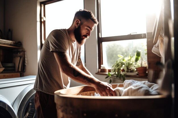 Shot of a young man doing laundry on his washing machine at home created with generative ai