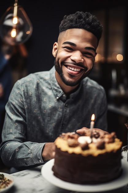 Shot of a young man enjoying some cake at a party created with generative ai