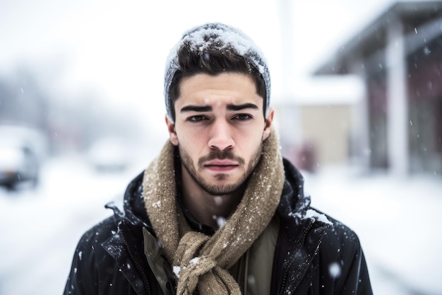 Shot of a young man looking exhausted and disoriented while standing outside in the snow