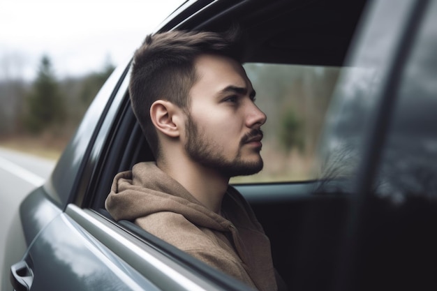 Shot of a young man looking out the car window created with generative ai