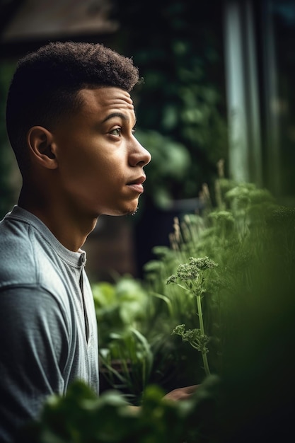 Shot of a young man looking at plants in his garden created with generative ai