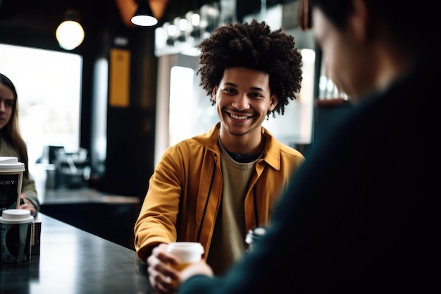 Shot of a young man paying for his coffee in a cafe created with generative ai