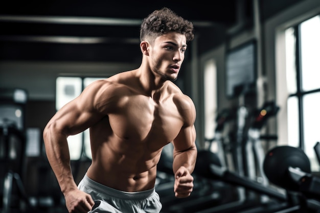 Shot of a young man running in the gym created with generative ai