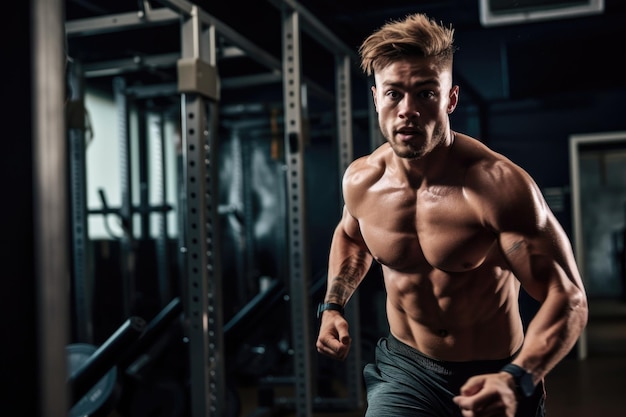 Shot of a young man running in the gym created with generative ai