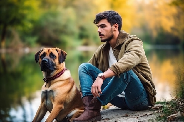 Shot of a young man sitting in nature with his dog created with generative ai