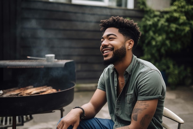 Shot of a young man sitting outside and enjoying a barbecue created with generative ai