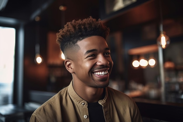 Shot of a young man smiling while standing in his restaurant created with generative ai