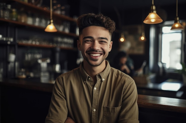 Shot of a young man smiling while standing in his restaurant created with generative ai