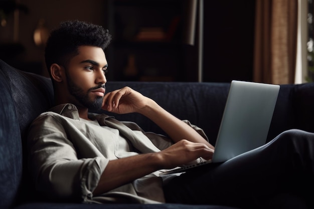 Shot of a young man using his laptop while relaxing on the couch created with generative ai