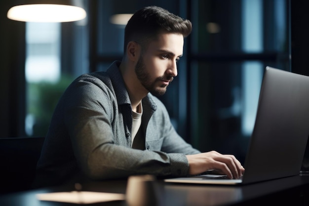 Shot of a young man using his laptop while working in an office