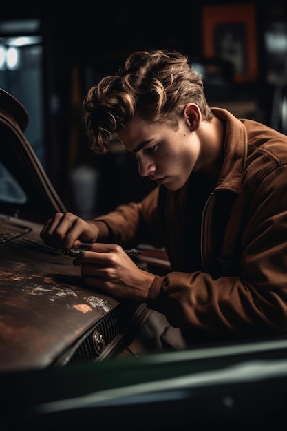 Shot of a young man working on his classic car created with generative ai