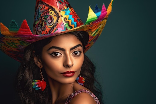 Shot of a young mexican woman wearing a party hat created with generative ai