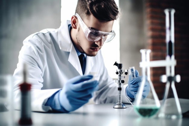 Shot of a young scientist experimenting with chemicals in a lab created with generative ai