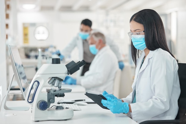 Shot of a young scientist using a digital tablet while working in a lab