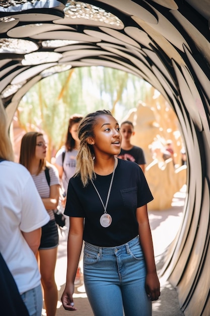 Shot of a young tour guide leading her group through public art created with generative ai