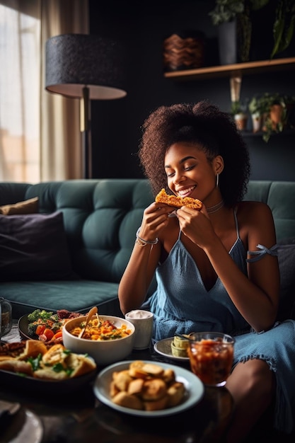 Shot of a young woman enjoying home cooked food while on the sofa created with generative ai