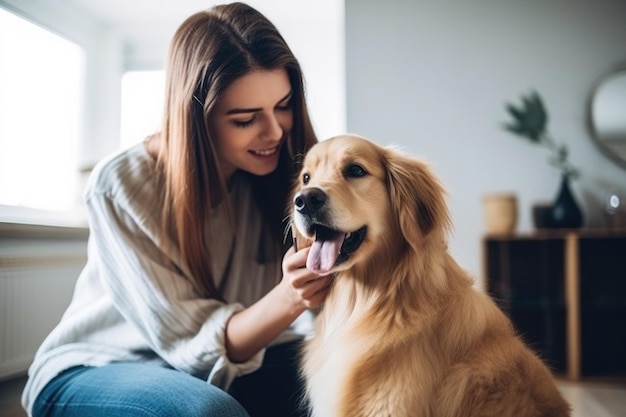 Shot of a young woman grooming her dog at home created with generative ai