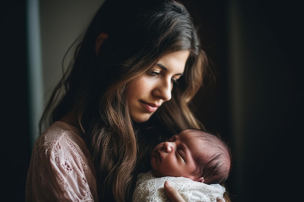 Shot of a young woman holding her newborn baby girl created with generative ai