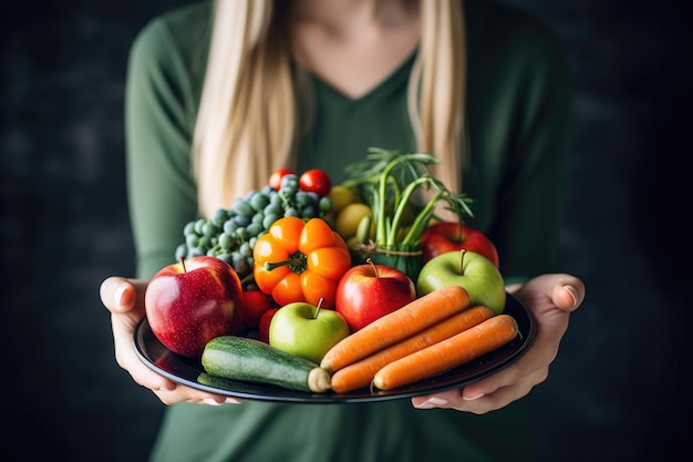 Shot of a young woman holding a plate of fresh fruit and vegetables created with generative ai