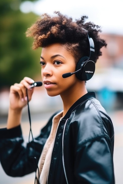 Shot of a young woman holding up an audio headset outside created with generative ai