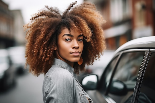 Shot of a young woman leaning on her car created with generative ai