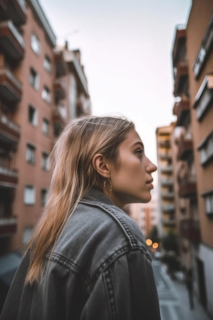 Shot of a young woman looking at buildings in the city created with generative ai