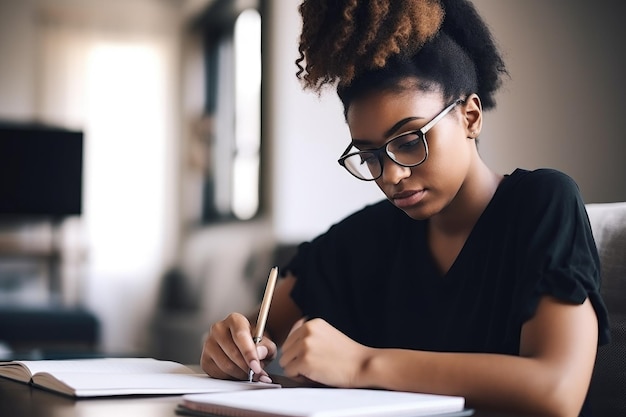 Shot of a young woman making notes at home created with generative ai