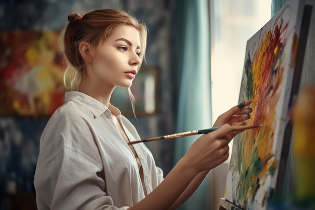 Shot of a young woman painting at home created with generative ai