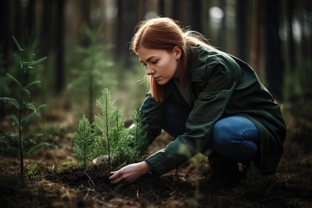 Shot of a young woman planting seedlings in a forest