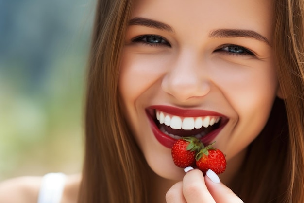 Shot of a young woman posing with a berry against her teeth created with generative ai