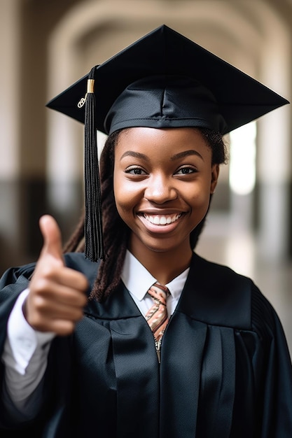 Shot of a young woman showing thumbs up while attending her graduation created with generative ai