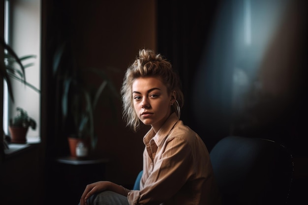 Shot of a young woman sitting at home created with generative ai