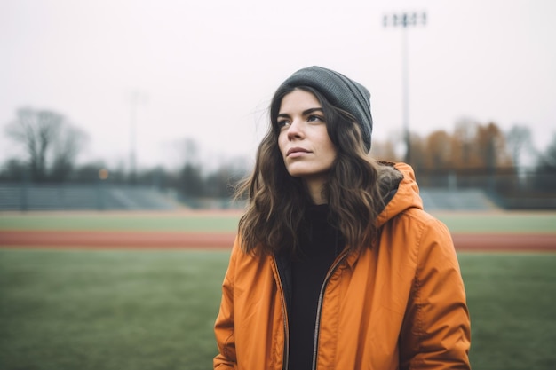 Shot of a young woman standing by a baseball field created with generative ai