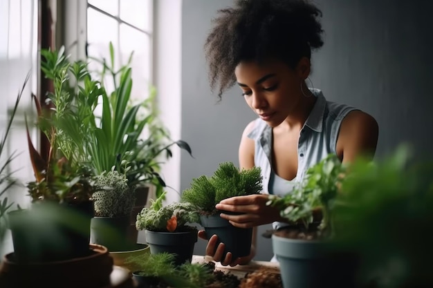 Shot of a young woman tending to some plants created with generative ai