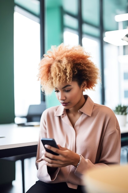 Shot of a young woman using her cellphone in a modern office created with generative ai