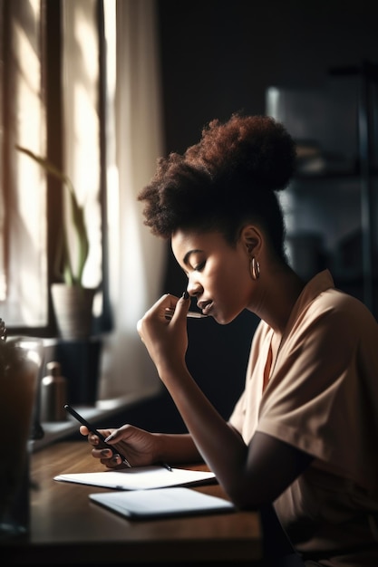 Shot of a young woman using her cellphone while working from home created with generative ai