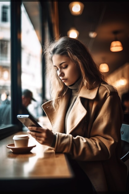 Shot of a young woman using her smartphone at a coffee shop created with generative ai