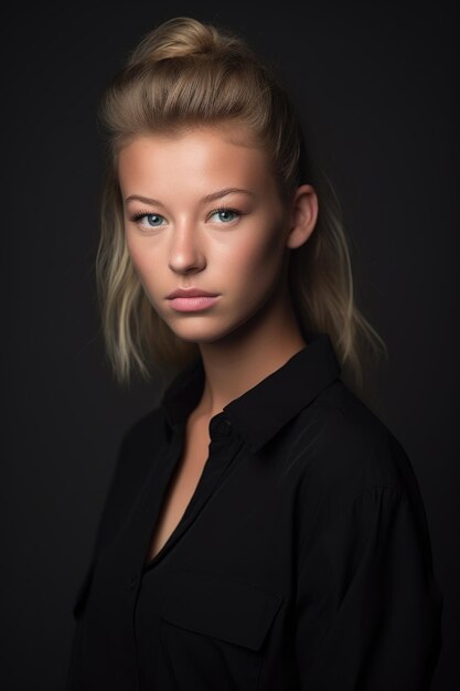 Shot of a young woman wearing black against a grey background created with generative ai