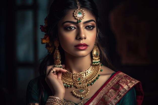 Shot of a young woman wearing festive jewellery created with generative ai