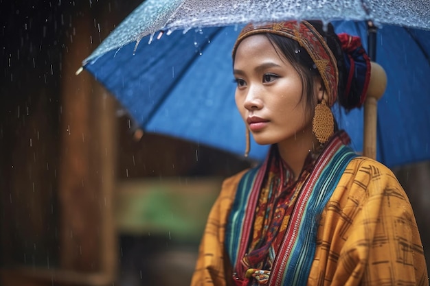 Shot of a young woman wearing traditional clothing in the rain created with generative ai