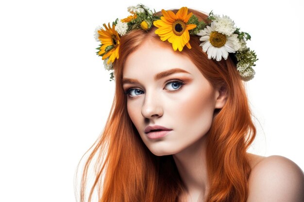 Shot of a young woman with flowers in her hair isolated on white