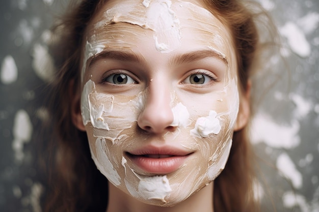 Shot of a young woman with her face covered in cream created with generative ai