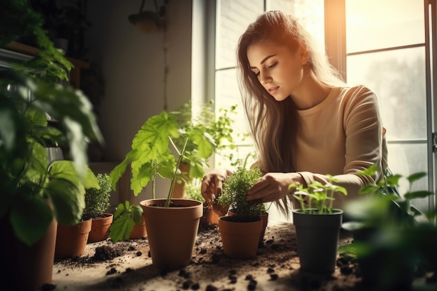 Shot of a young woman working on growing plants indoors created with generative ai