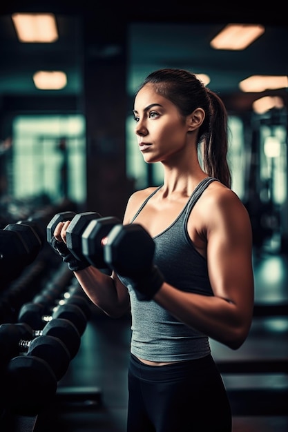 Shot of a young woman working out with dumbbells in the gym created with generative ai