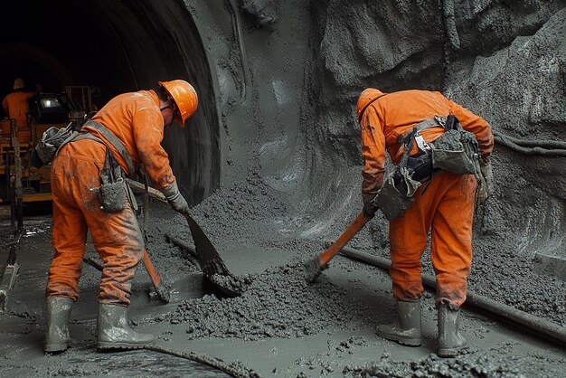 Photo shotcreting crew applying concrete in tandem